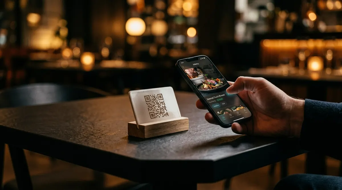 A QR code stand on a restaurant table beside a guest holding a phone showing the menu